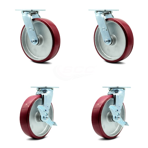 8 Inch Poly on Aluminum Swivel Caster Set with Ball Bearings 2 Brakes SCC